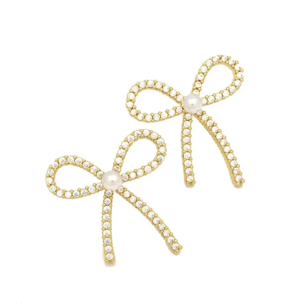 Copper Zircon Pearl Bow Earrings - LauBelle