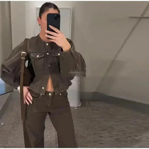 Brown Denim Jacket and Pants Suit - LauBelle