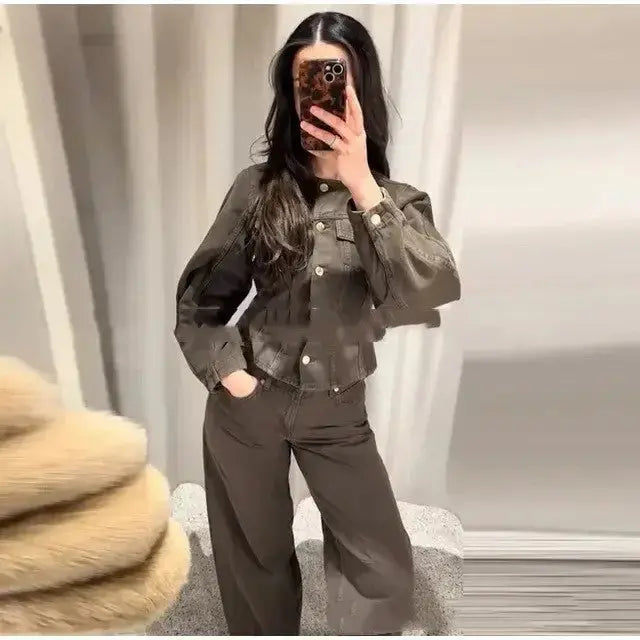 Brown Denim Jacket and Pants Suit - LauBelle Brand
