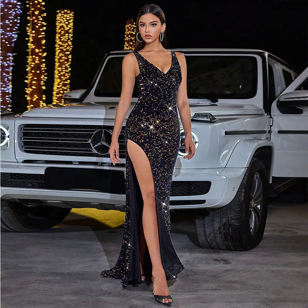 Sleek Sequin High Slit Dress with Elegant Silhouette - LauBelle