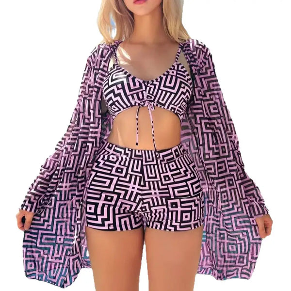 Plus Size Multicolor Plaid Printed Three Piece Swimsuit Set - LauBelle