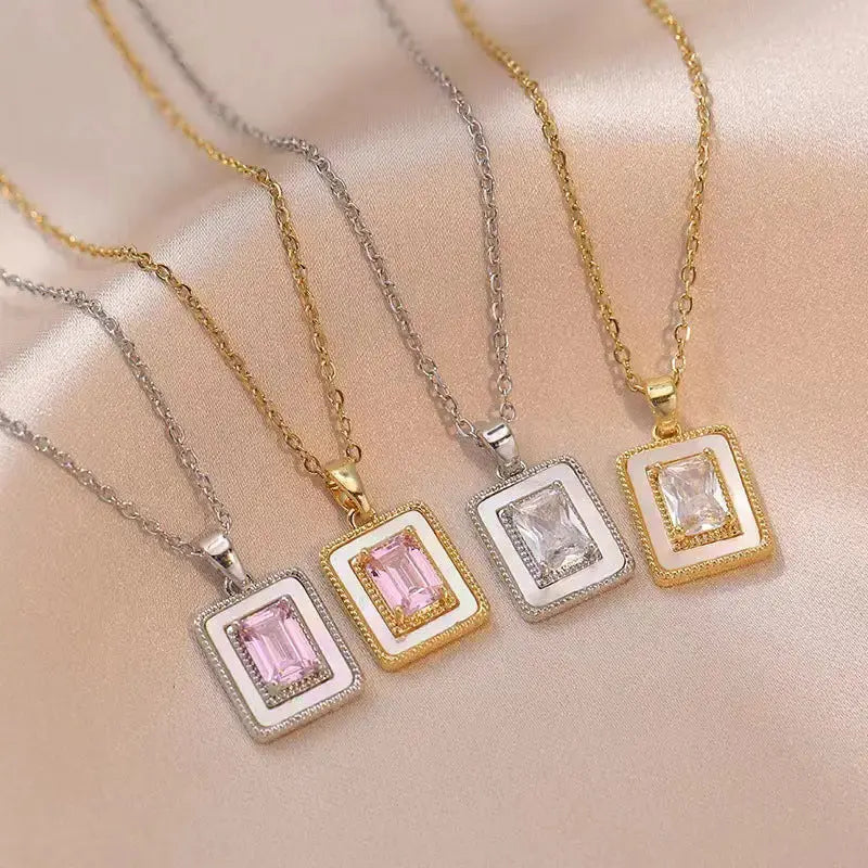 GlamZircon Chic Square Sugar Pendant Necklace with Zircon Crystals - LauBelle