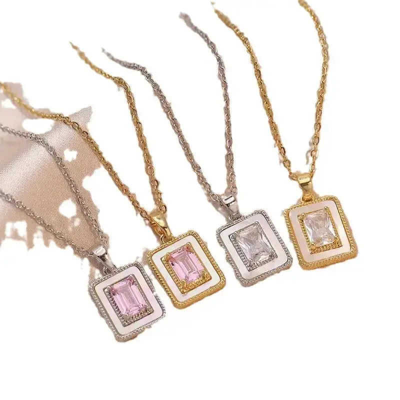 GlamZircon Chic Square Sugar Pendant Necklace with Zircon Crystals - LauBelle Brand