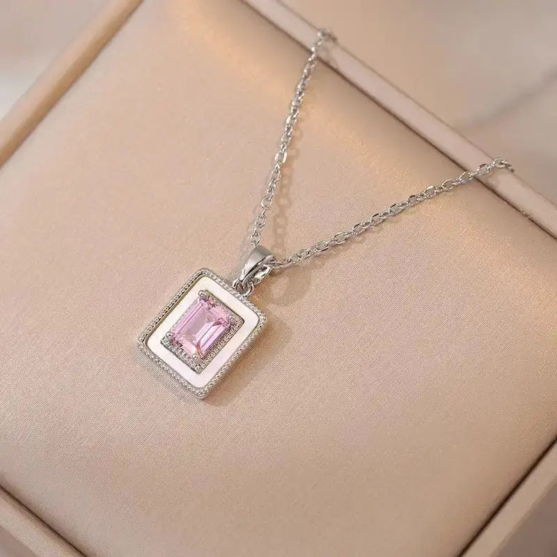GlamZircon Chic Square Sugar Pendant Necklace with Zircon Crystals - LauBelle Brand