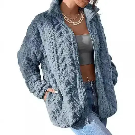 Blue Textured CozyZip Stand Collar Fleece Cardigan - LauBelle Brand