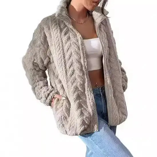 Blue Textured CozyZip Stand Collar Fleece Cardigan - LauBelle Brand