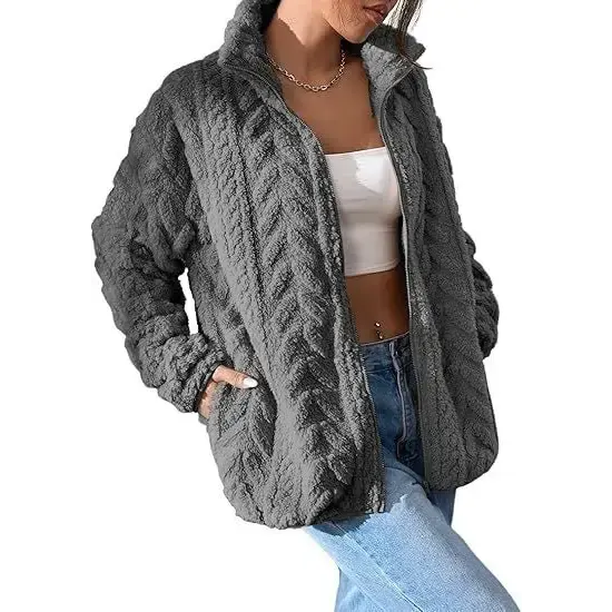 Blue Textured CozyZip Stand Collar Fleece Cardigan - LauBelle