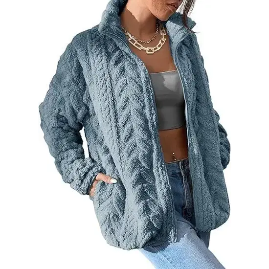 Blue Textured CozyZip Stand Collar Fleece Cardigan - LauBelle Brand