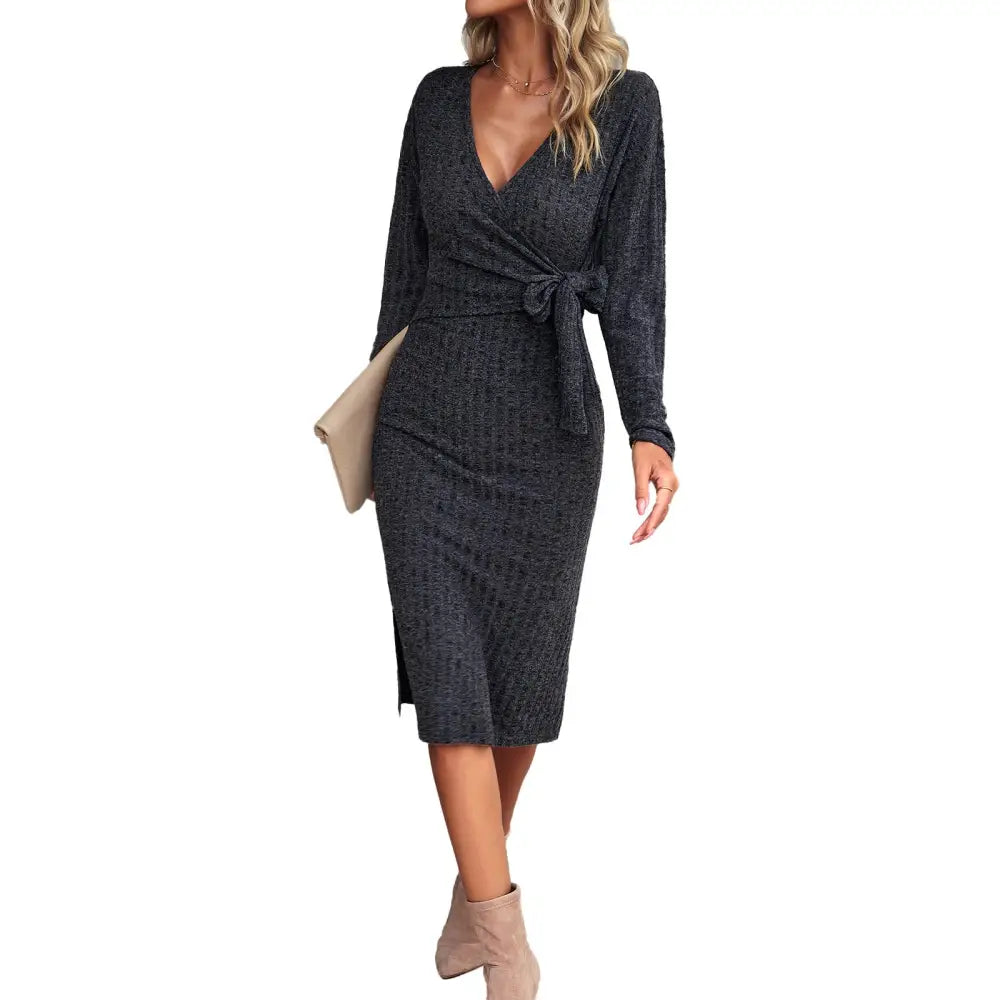 Cozy Vibe Knit V-Neck Dress for Fall - LauBelle