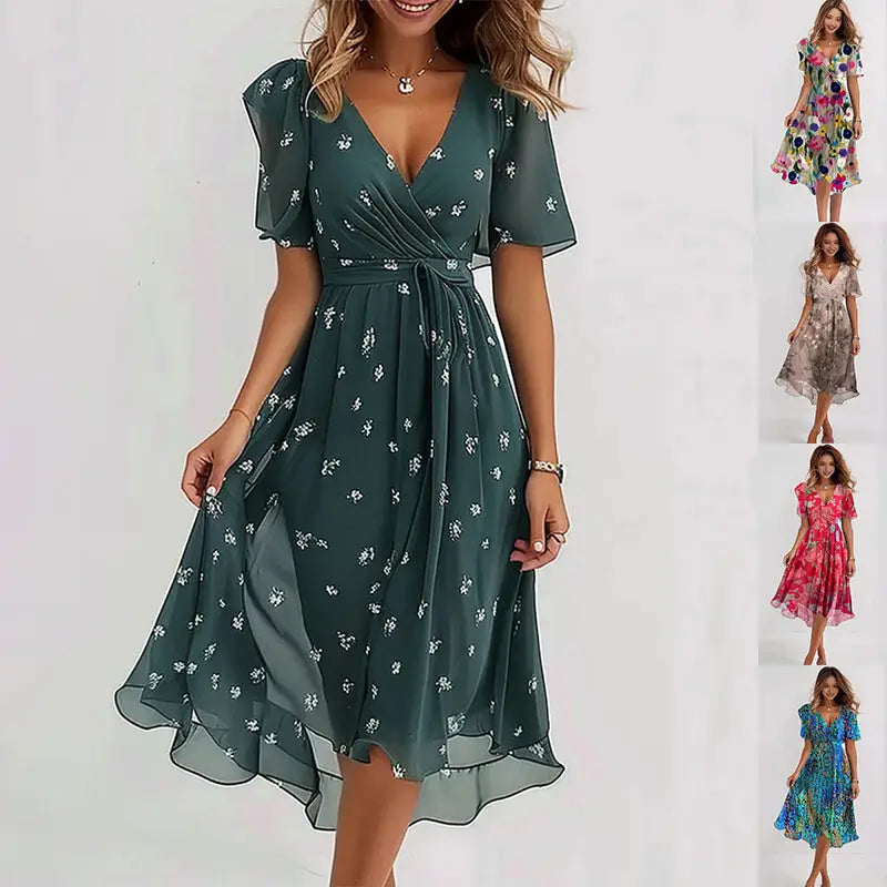 Chiffon Printed Short Sleeve Summer Dress - LauBelle