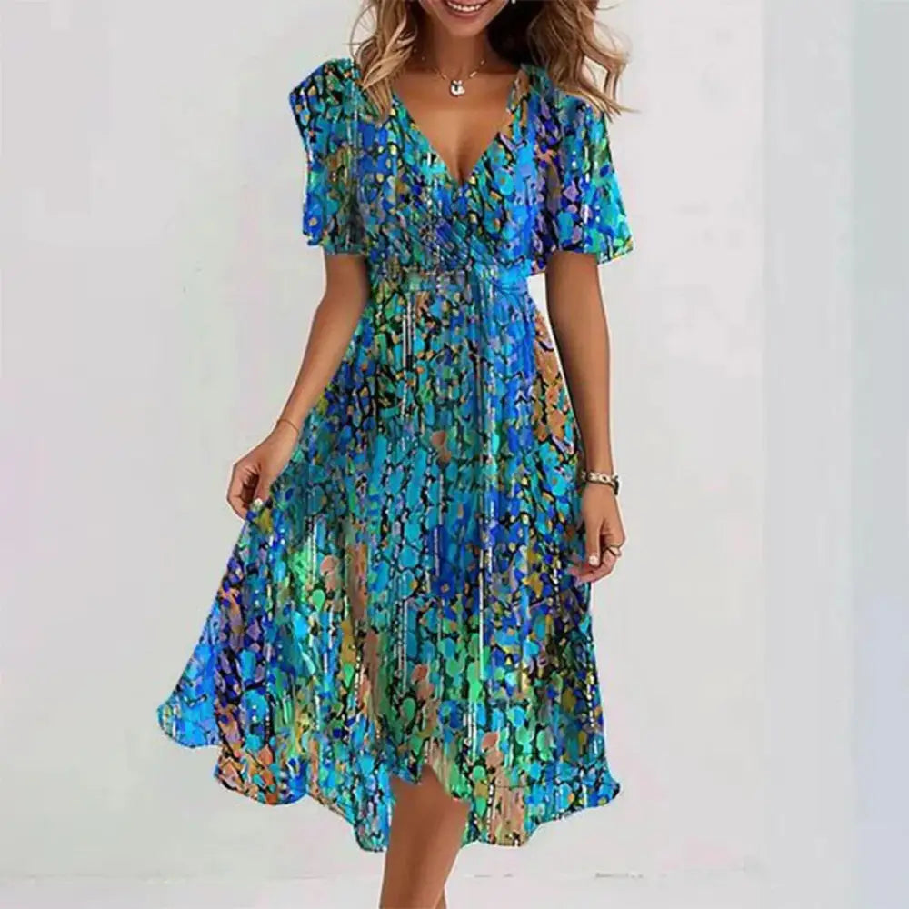 Chiffon Printed Short Sleeve Summer Dress - LauBelle