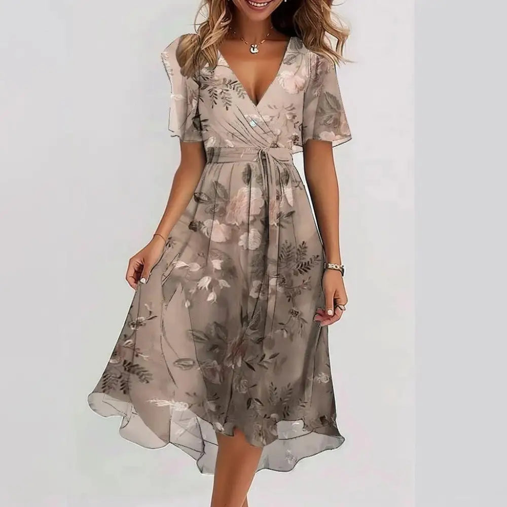 Chiffon Printed Short Sleeve Summer Dress - LauBelle