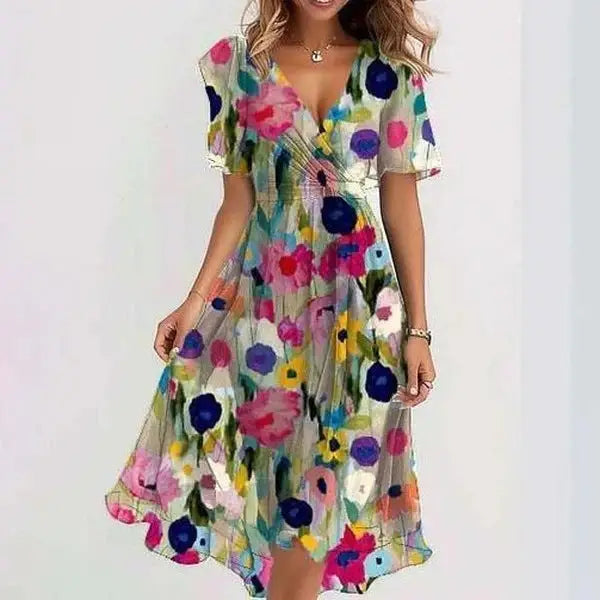 Chiffon Printed Short Sleeve Summer Dress - LauBelle