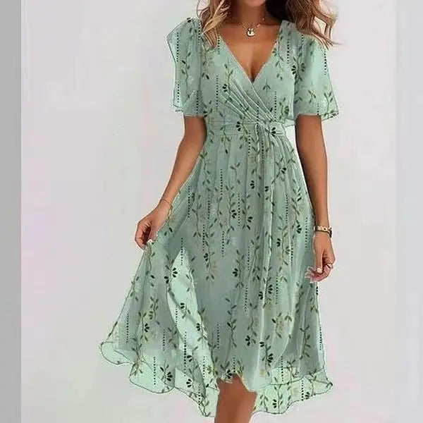 Chiffon Printed Short Sleeve Summer Dress - LauBelle