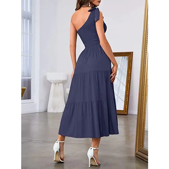 One Shoulder Pleated Layered Hem Split Summer Dress - LauBelle