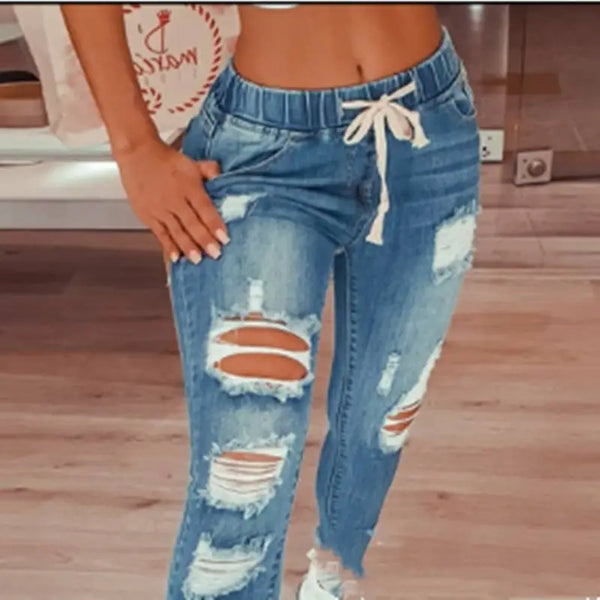 Lace Up Denim Slim Fit Trousers for Women - LauBelle