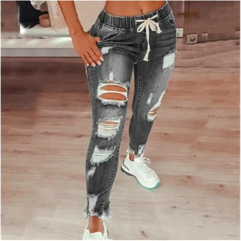 Lace Up Denim Slim Fit Trousers for Women - LauBelle