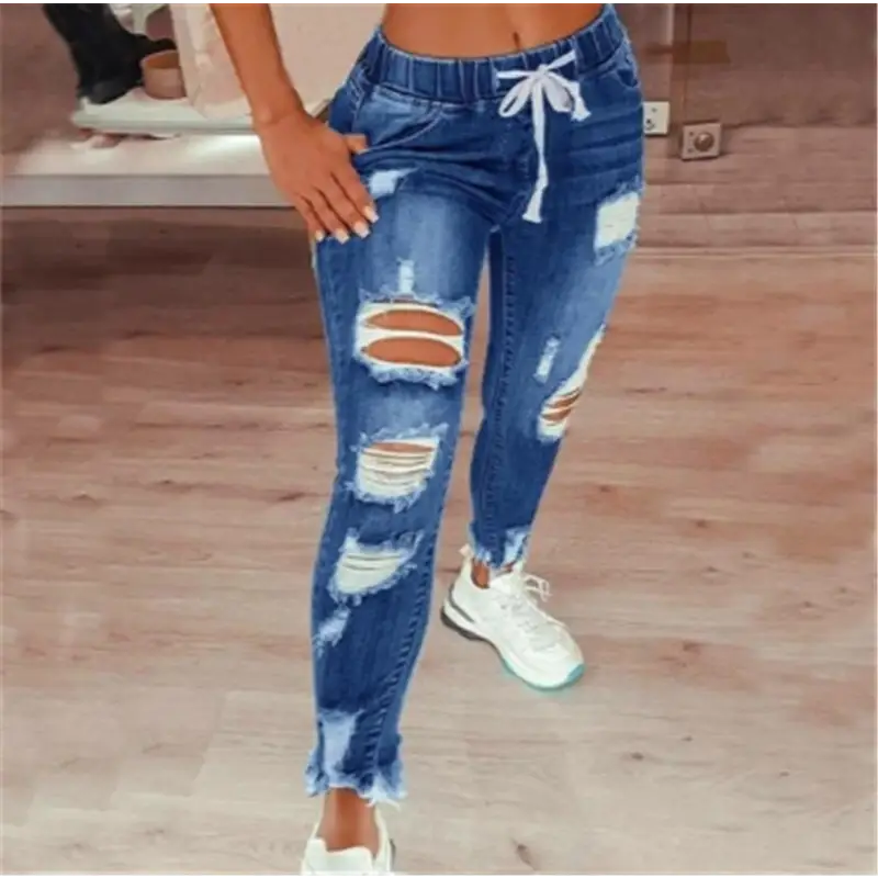 Lace Up Denim Slim Fit Trousers for Women - LauBelle