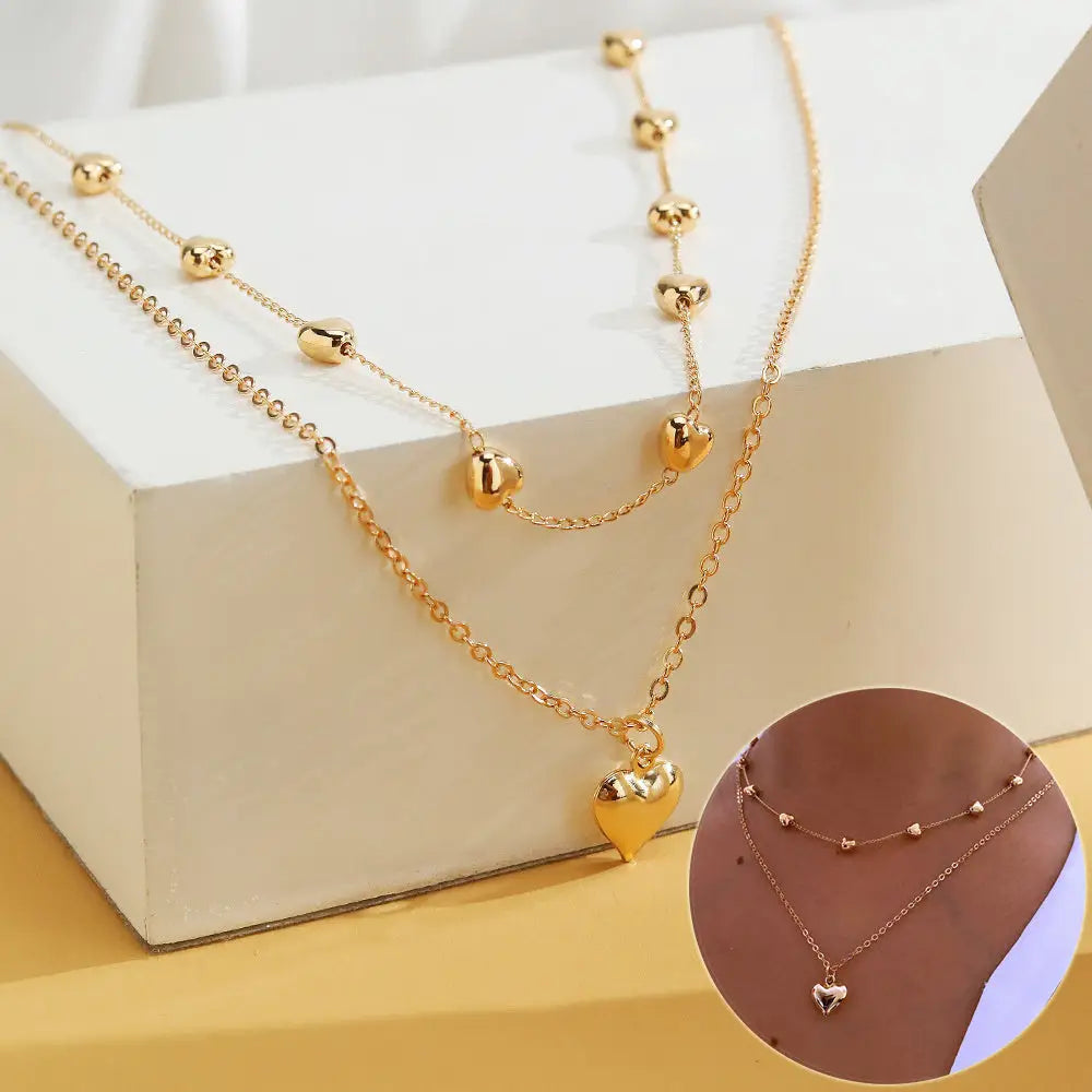 Double Layer Heart Pendant Fine Chain Necklace for Women in Gold - LauBelle