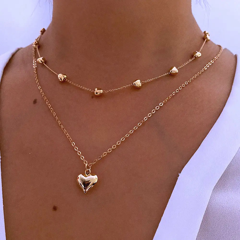 Double Layer Heart Pendant Fine Chain Necklace for Women in Gold - LauBelle