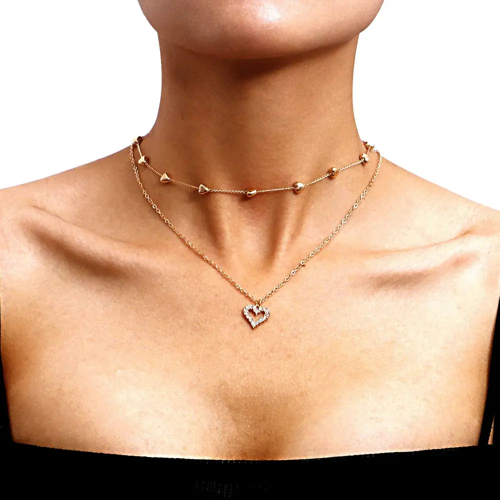 Double Layer Heart Pendant Fine Chain Necklace for Women in Gold - LauBelle