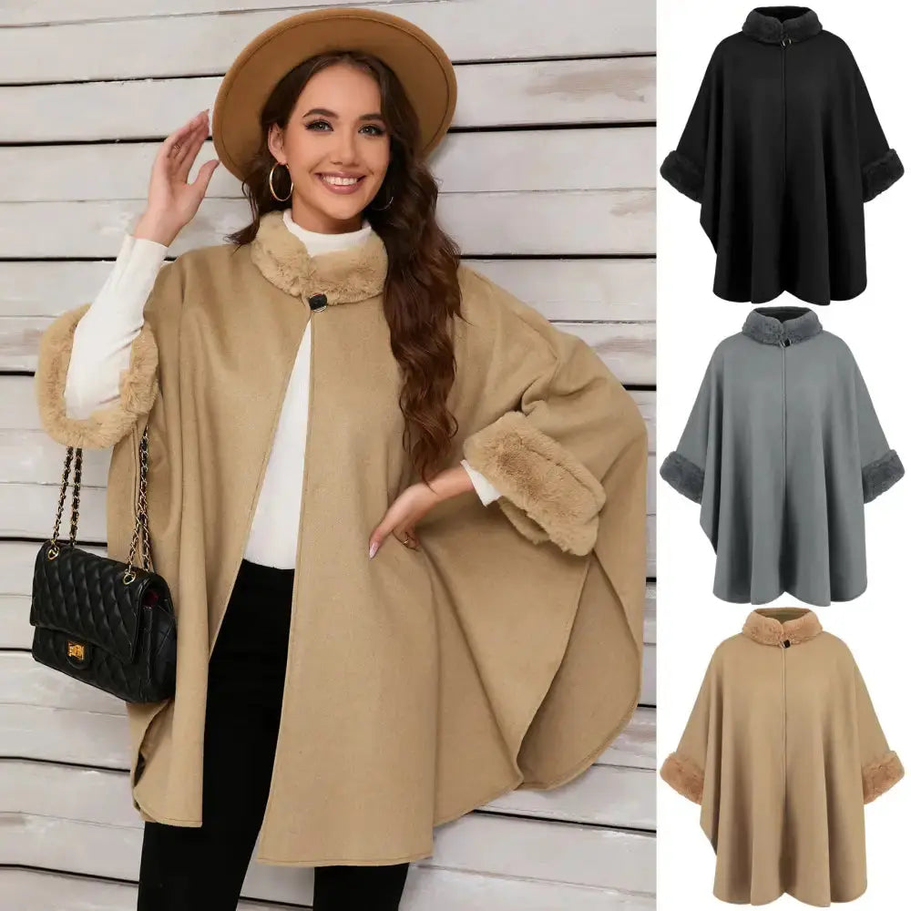 Chic Mid Length Cape with Luxurious Faux Fur Collar - LauBelle