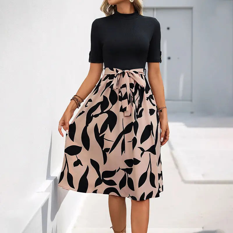 Printed AB Stitching Short Sleeve Lace Up A Line Skirt - LauBelle