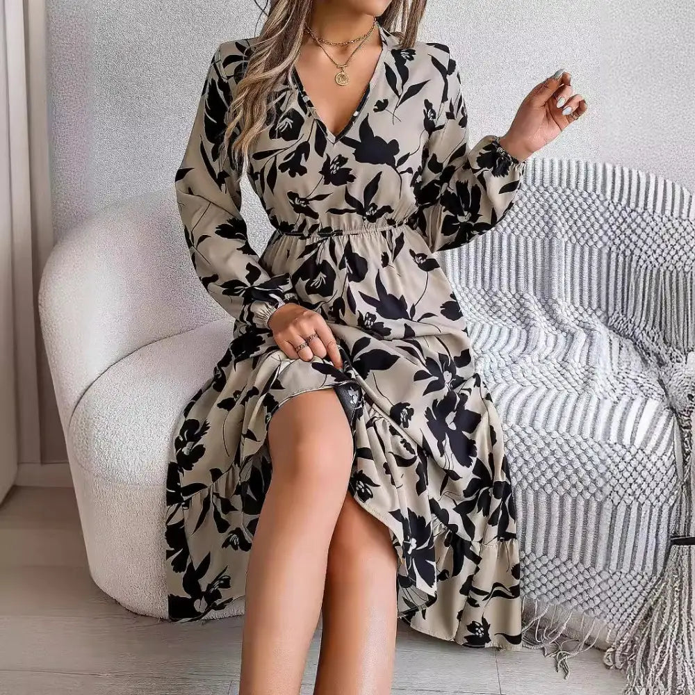RuffleBloom Adjustable Sleeve Dress with Flowy Silhouette and Ruffled Neckline - LauBelle Brand