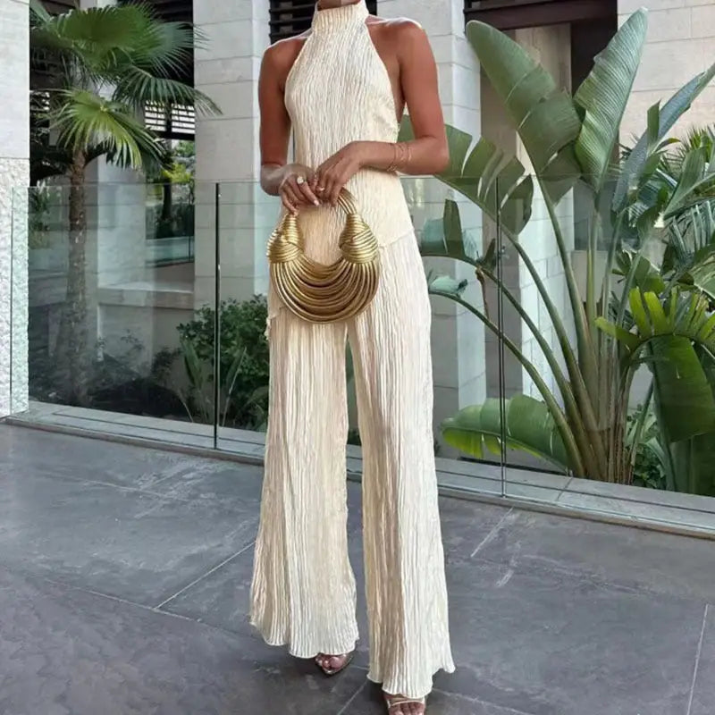 Womens Halter Elastic Waist Polyester Sleeveless Sports Suit - LauBelle