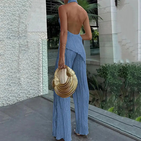 Womens Halter Elastic Waist Polyester Sleeveless Sports Suit - LauBelle