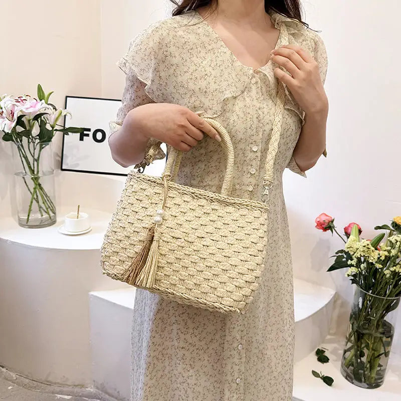 StrawChic: Khaki Milky White Handbag - LauBelle