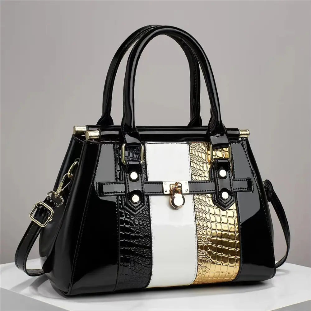 Vertical Stitching Bright Leather Lizard Pattern Shoulder Bag - LauBelle Brand