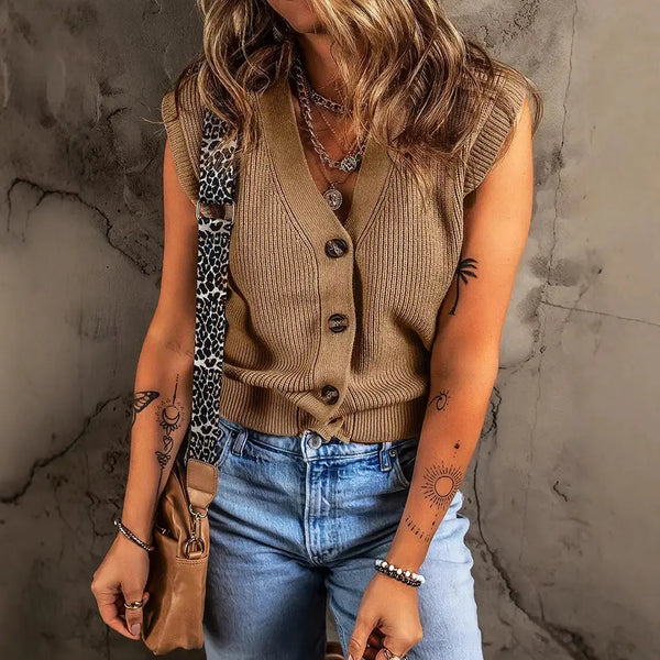 Tan Ribbed Knit V-Neck Button Down Vest - LauBelle