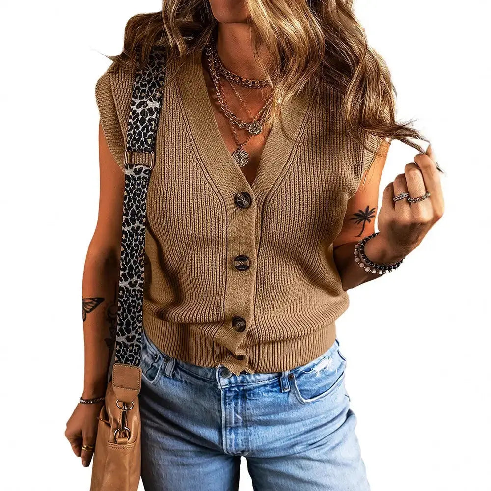 Tan Ribbed Knit V-Neck Button Down Vest - LauBelle Brand