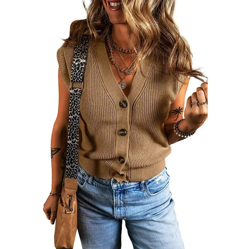 Tan Ribbed Knit V-Neck Button Down Vest - LauBelle
