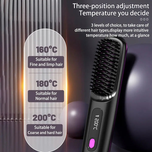 2 In 1 Straight Hair Comb Wireless Hair Straightener Brush Hair Fast Heating Portable Hot Curler USB Charging - LauBelle