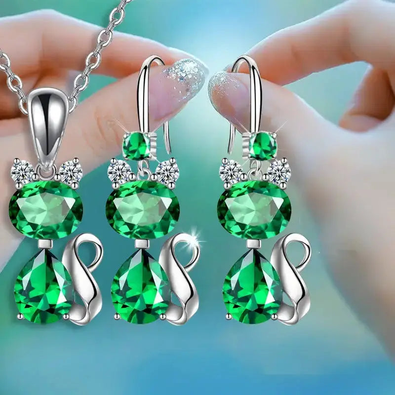 Luxe Cat Pendant Necklace and Earring Set - LauBelle Brand