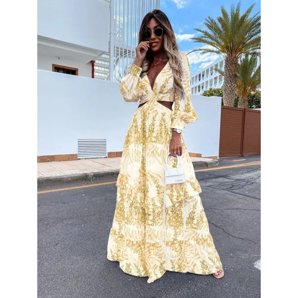 Elegant Womens V Neck Long Sleeve Plant Print Spring Summer Dress - LauBelle