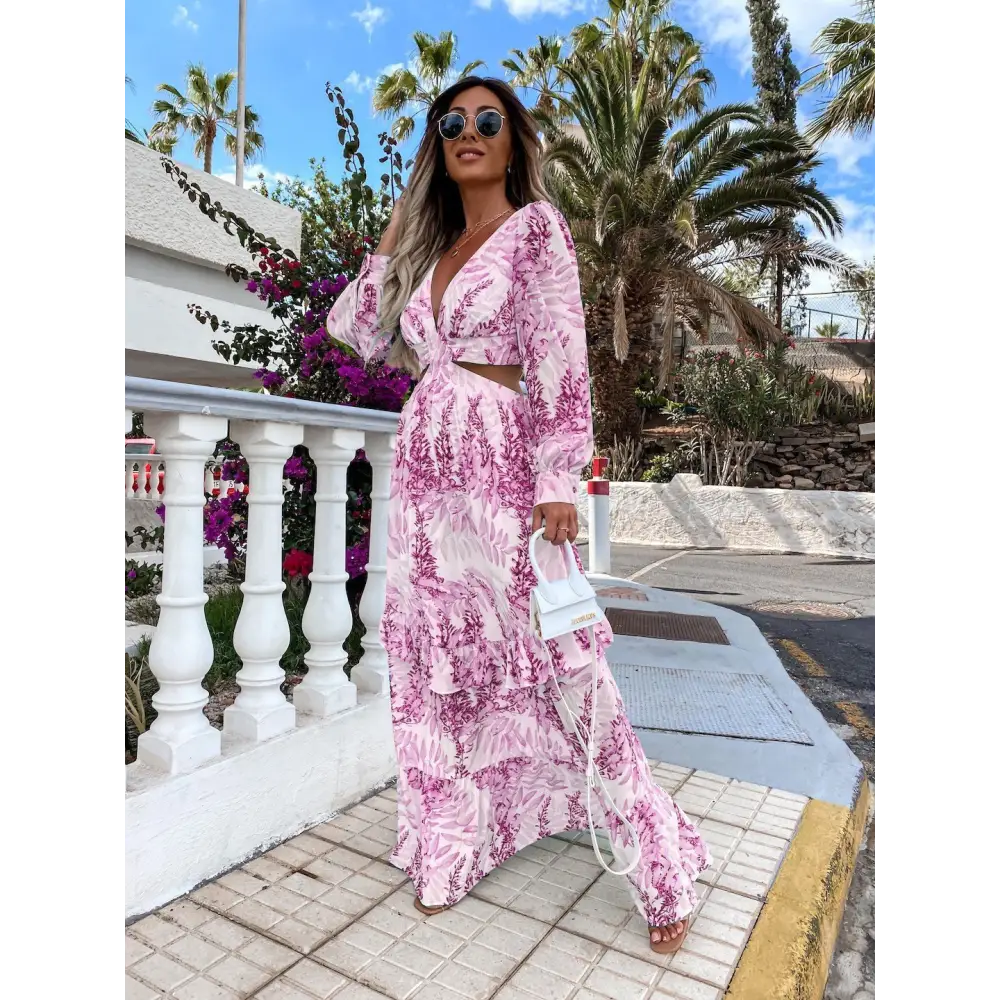 Elegant Womens V Neck Long Sleeve Plant Print Spring Summer Dress - LauBelle