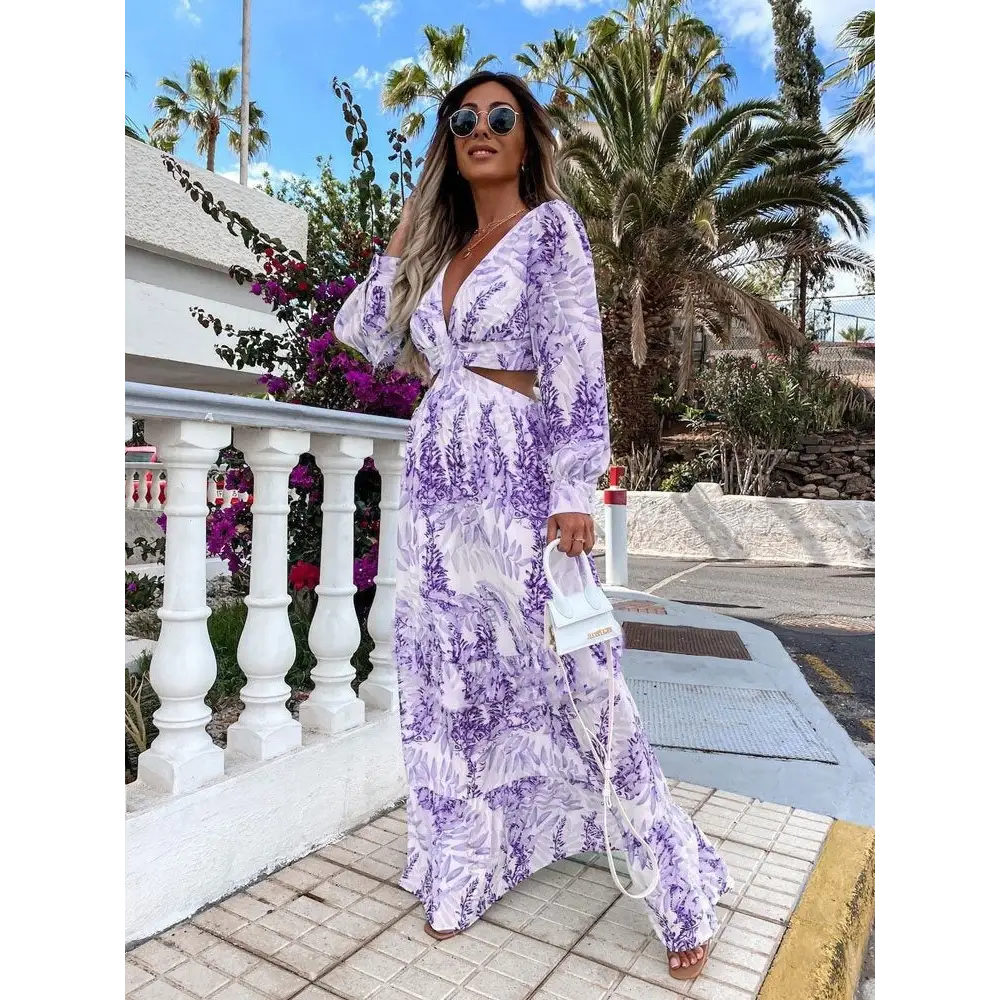 Elegant Womens V Neck Long Sleeve Plant Print Spring Summer Dress - LauBelle