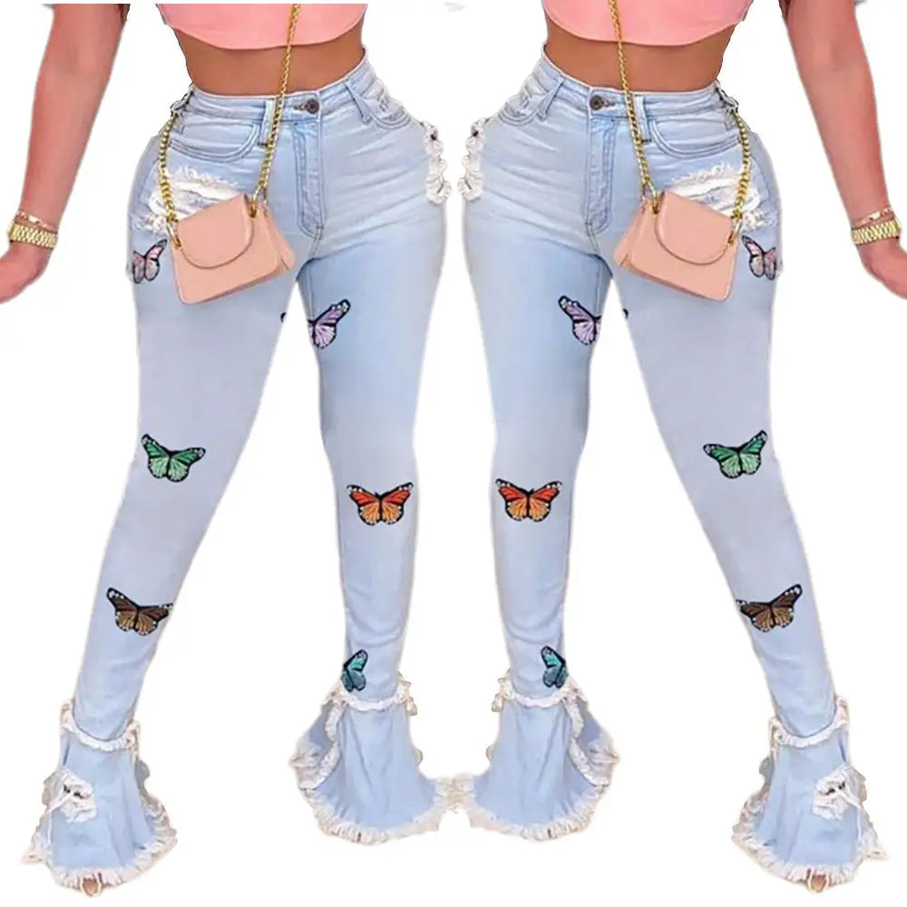 High Waisted Flutter Jeans with Flared Hem for Women - LauBelle