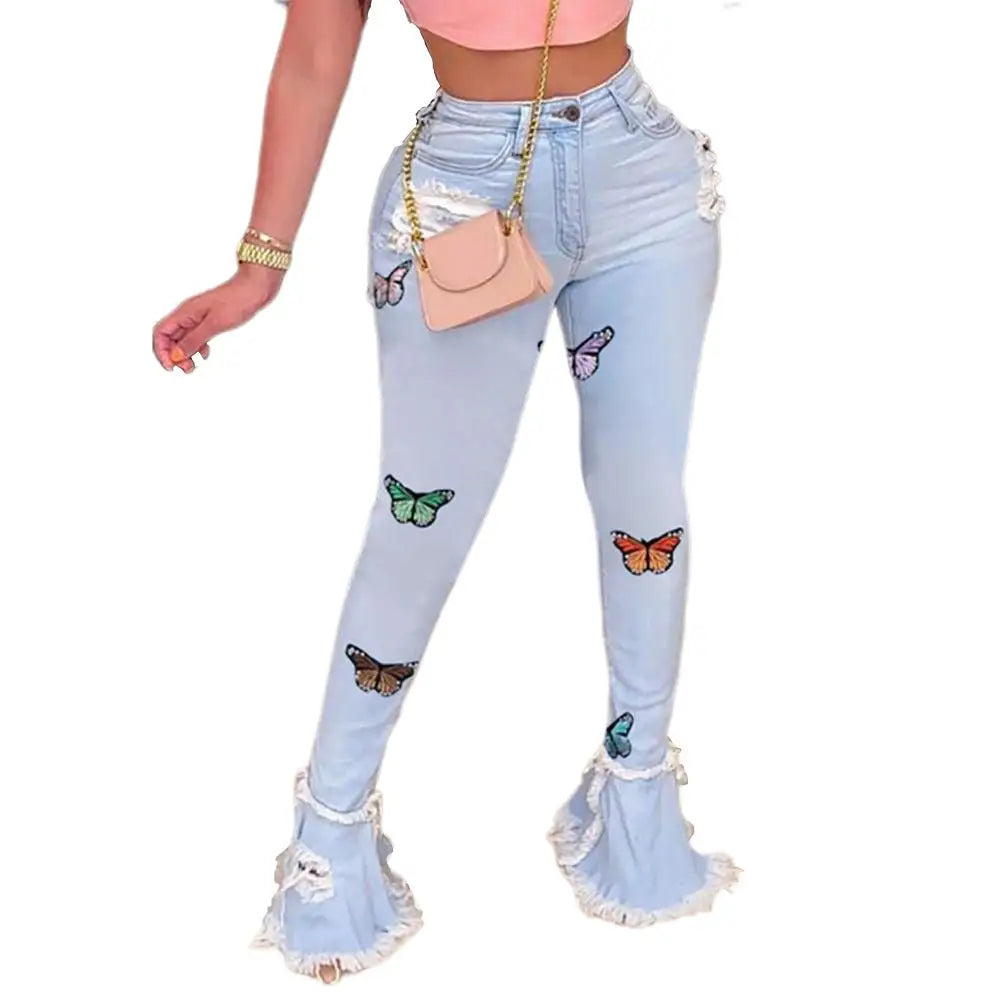 High Waisted Flutter Jeans with Flared Hem for Women - LauBelle