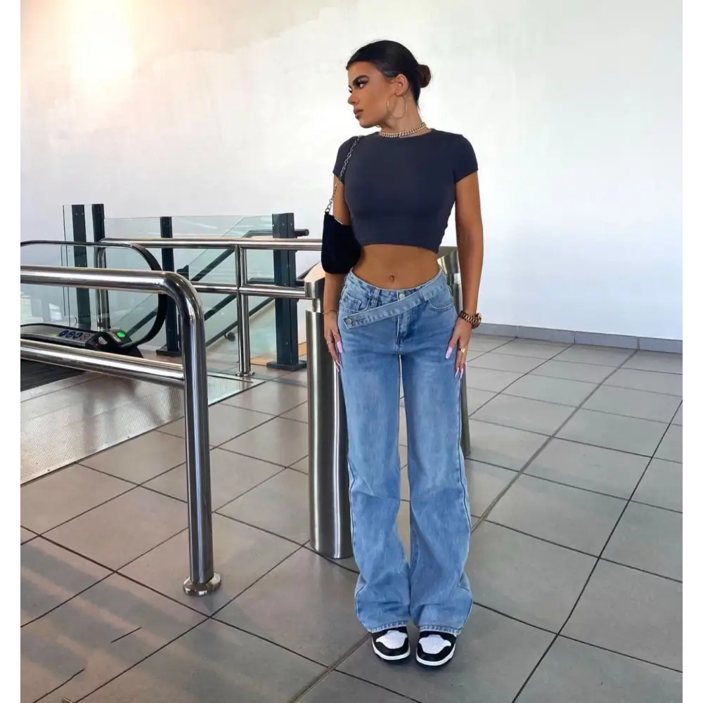 Skyline Bevel Button Straight Jeans - LauBelle