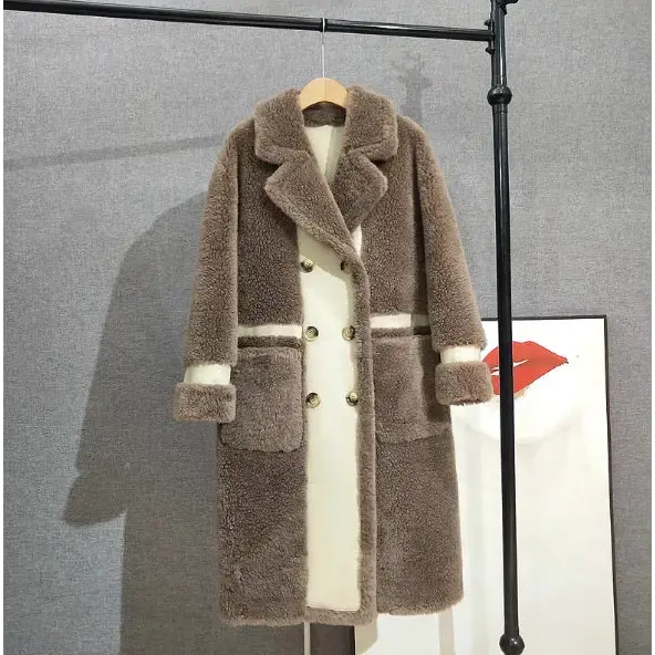 Cream Double-Breasted Faux Fur Wool Coat - LauBelle