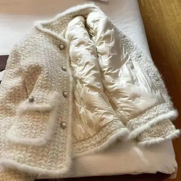 Cream Tweed Quilted Slim Jacket with Faux Fur Trim - LauBelle