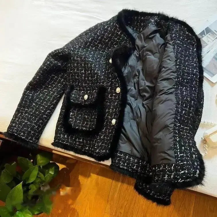 Cream Tweed Quilted Slim Jacket with Faux Fur Trim - LauBelle Brand