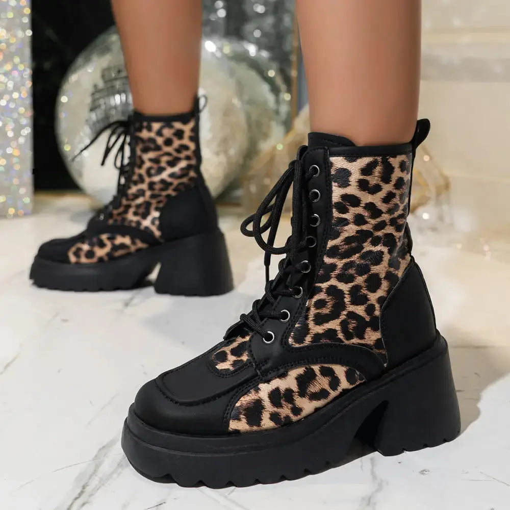 WildStride Leopard Print Lace-Up Chunky Heel Booties - LauBelle