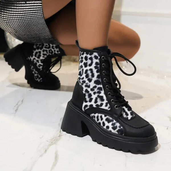 WildStride Leopard Print Lace-Up Chunky Heel Booties - LauBelle