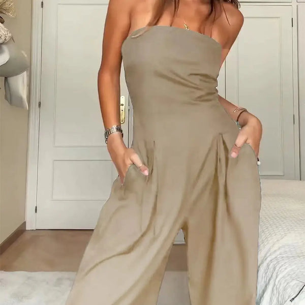 Loose Tube-Top Backless Jumpsuit with Wide-Leg Long Pants - LauBelle