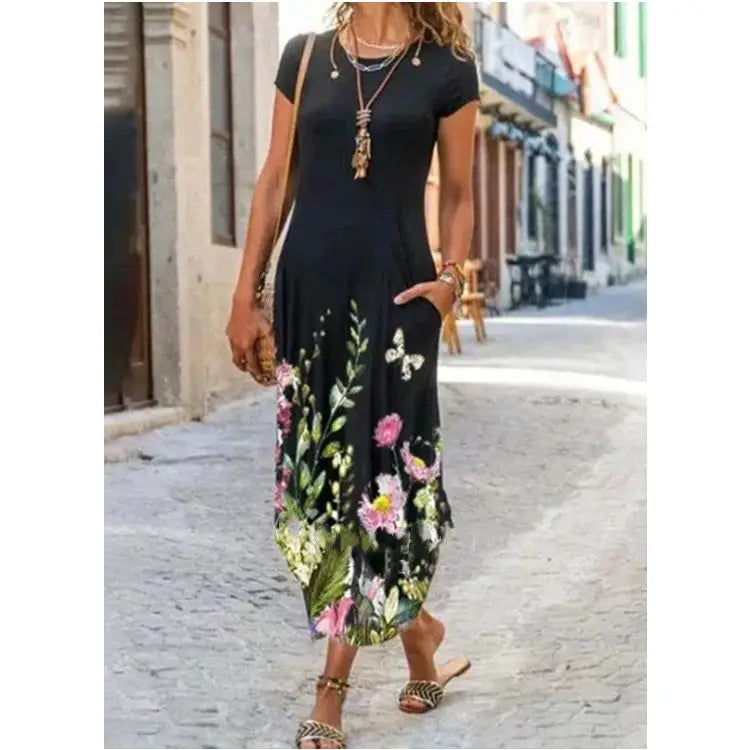 Round Neck Pocket Short Sleeve Printed Dress - LauBelle Brand
